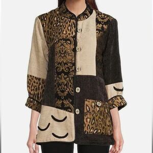 Ali Miles Tapestry Jacket size PL 3/4 Sleeve Animal Print Abstract Artsy Boho